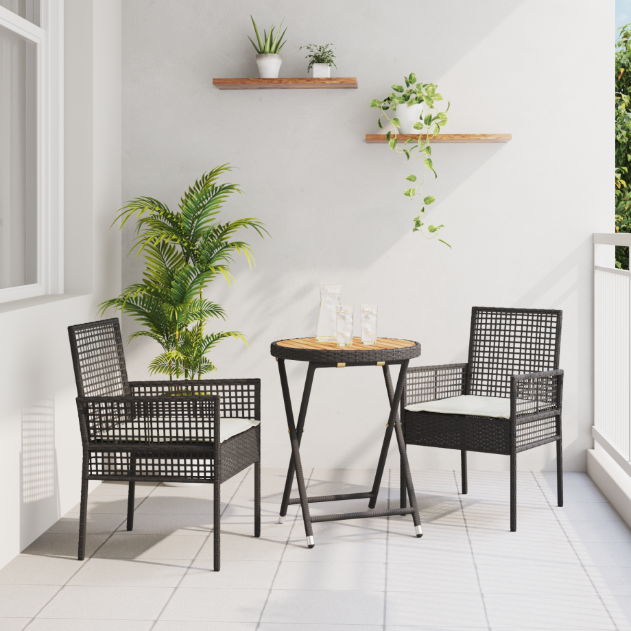 vidaXL 3-delige Tuinbistroset met kussens poly rattan zwart vidaXL 3-delige Tuinbistroset met kussens poly rattan zwart afbeelding 1