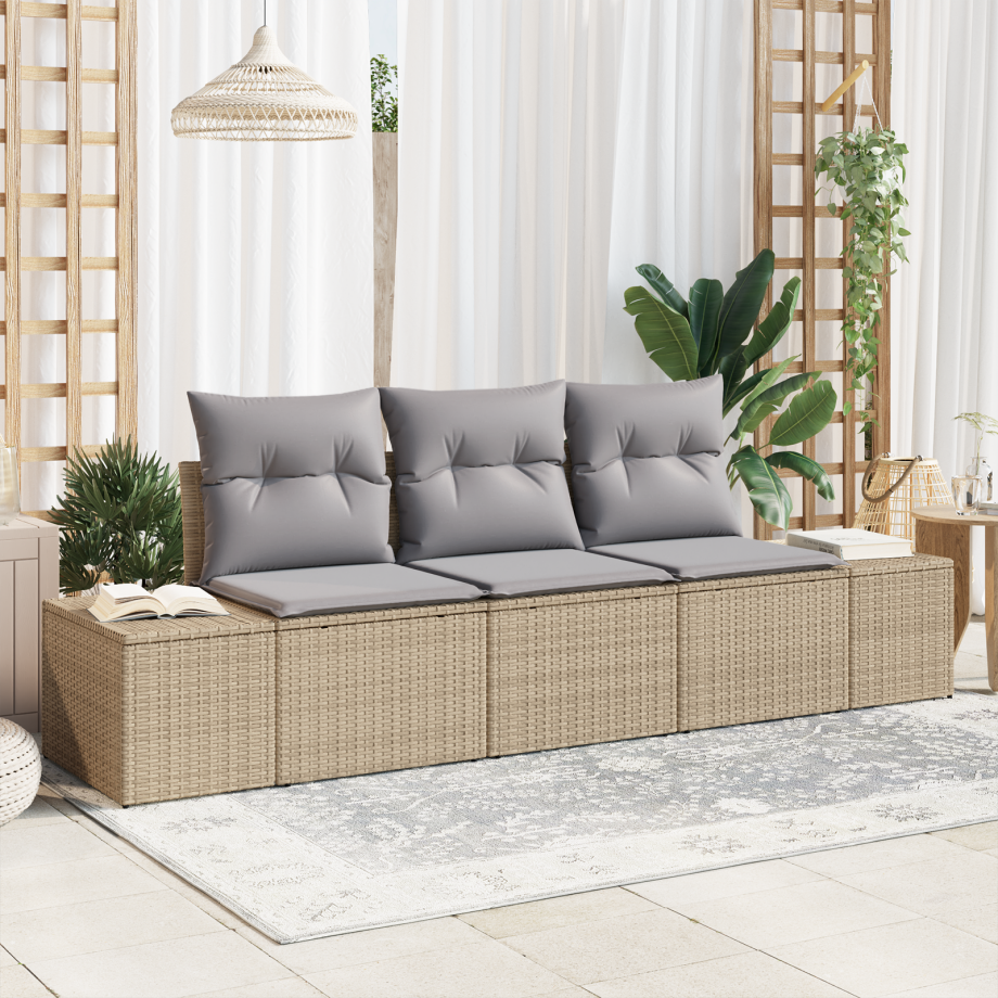 vidaXL Bankstel met kussen 3 pcs Beige poly rattan afbeelding 1