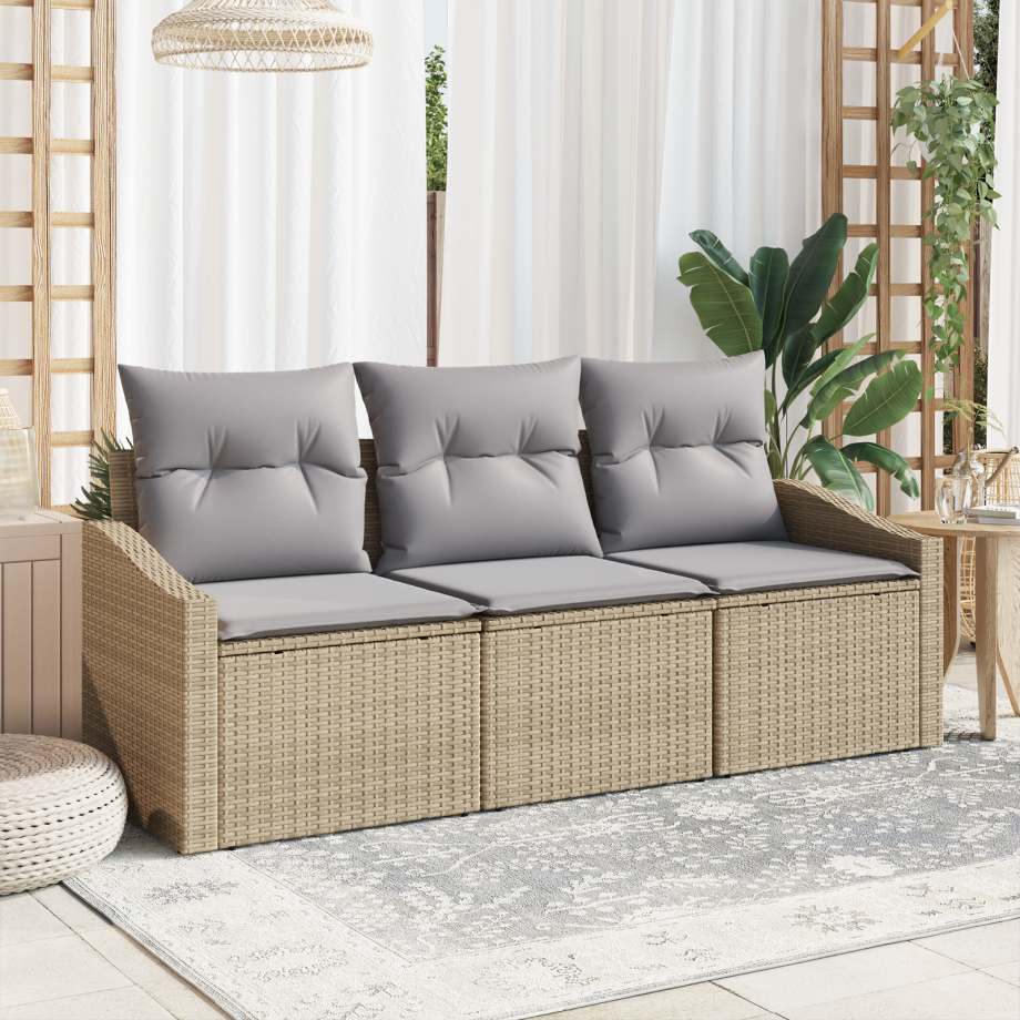vidaXL Bankstel met kussen 3 pcs Beige poly rattan afbeelding 1