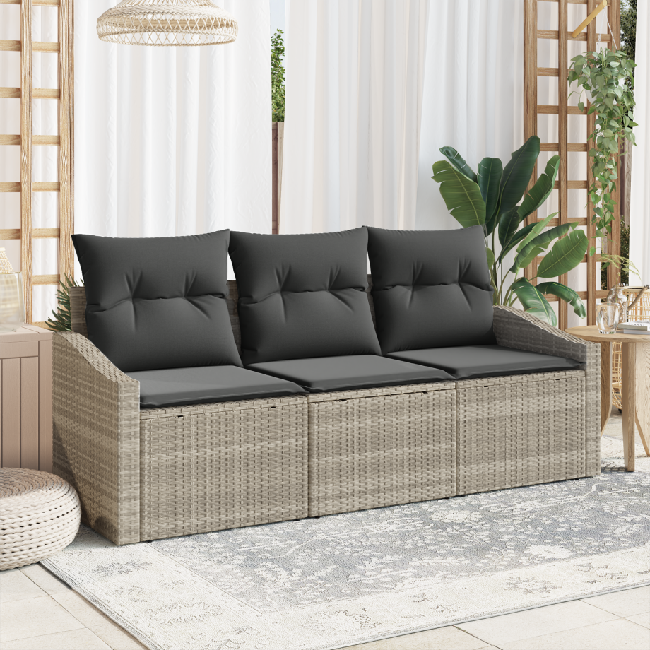 vidaXL Bankstel met kussen 3 pcs Lichtgrijs poly rattan afbeelding 1