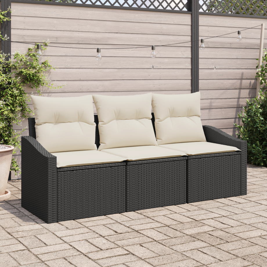 vidaXL Bankstel met kussen 3 pcs Zwart poly rattan afbeelding 1