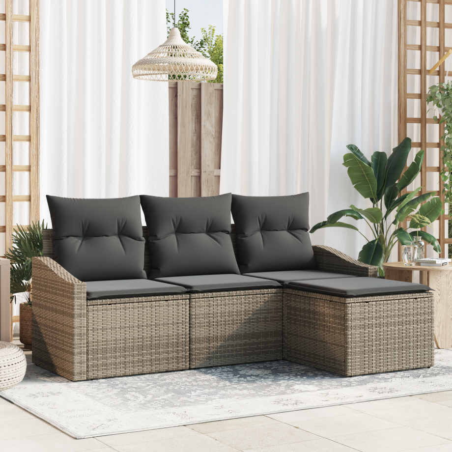 vidaXL Bankstel met kussen 4 pcs Grijs poly rattan afbeelding 1