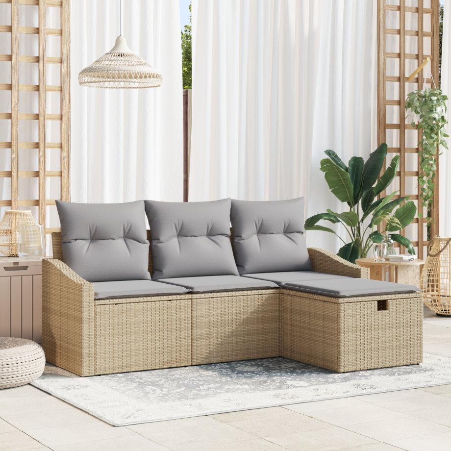 vidaXL Bankstel met kussen met opslag 4 pcs Beige poly rattan afbeelding 1