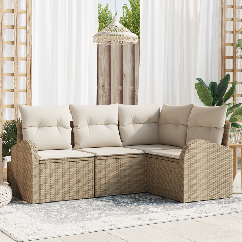 vidaXL 4-delige Tuinbank Set met Kussens Beige Poly Rattan afbeelding 1
