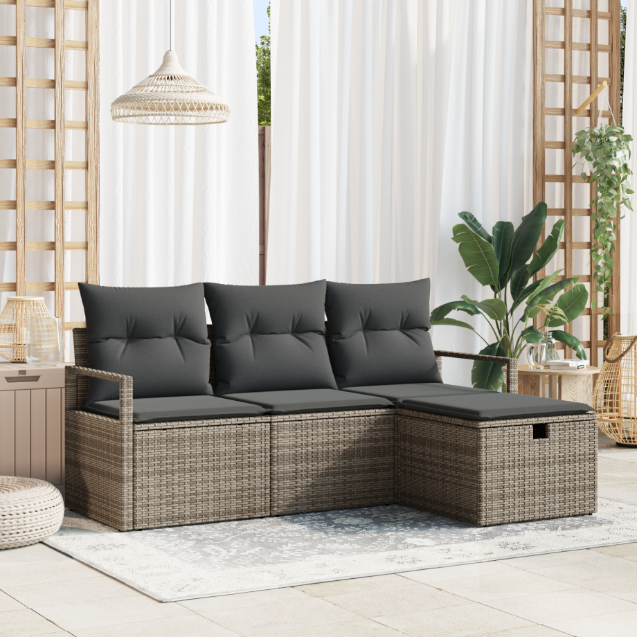 vidaXL 4-delige tuinbankset met grijze kussens van poly rattan vidaXL 4-delige tuinbankset met grijze kussens van poly rattan afbeelding 1