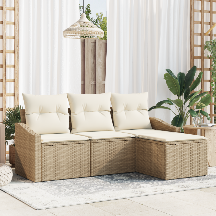 vidaXL 4-delige tuinset met kussens - Beige poly rattan afbeelding 1