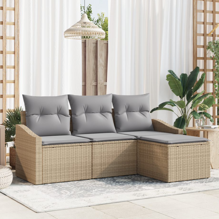 vidaXL Bankstel met kussen 4 pcs Beige en Licht Grijs poly rattan afbeelding 1