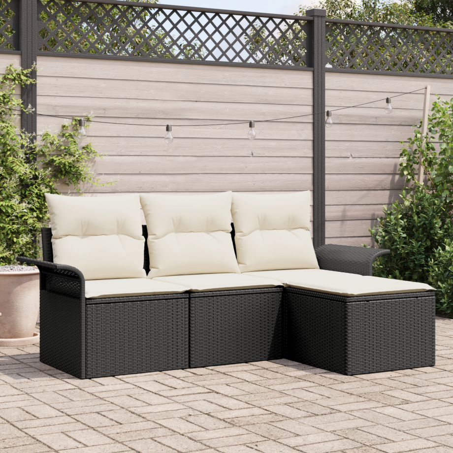 vidaXL Bankstel met kussen 4 pcs Zwart en Crème poly rattan afbeelding 1