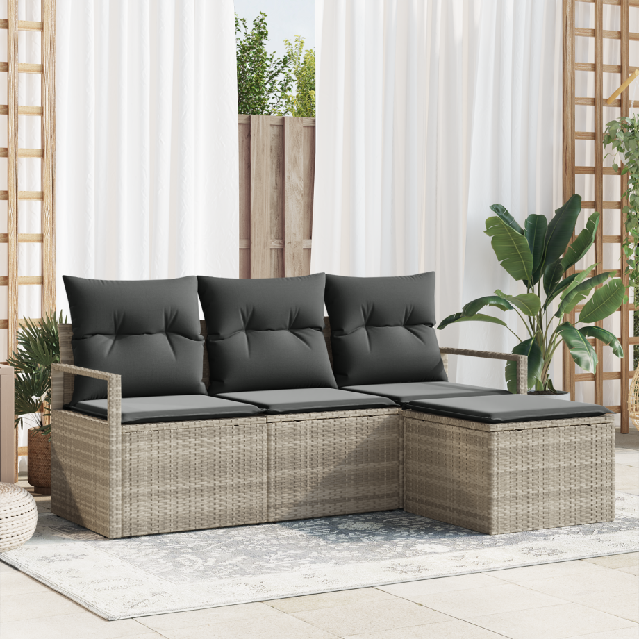 vidaXL Bankstel met kussen met opslag 4 pcs Lichtgrijs poly rattan afbeelding 1