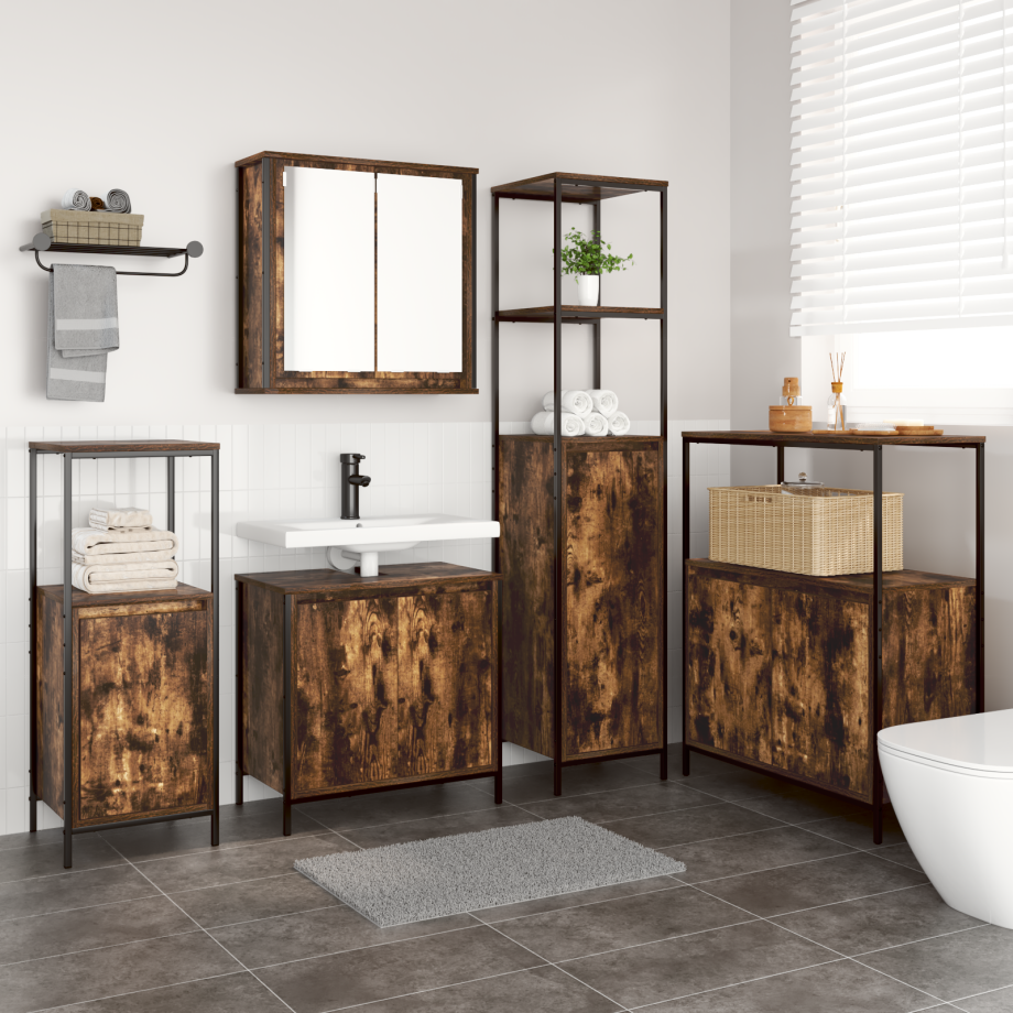 vidaXL Badkamermeubelset 5 pcs Gerookt Eiken en Zwart Bewerkt hout vidaXL Badkamermeubelset 5 pcs Gerookt Eiken en Zwart Bewerkt hout afbeelding 1