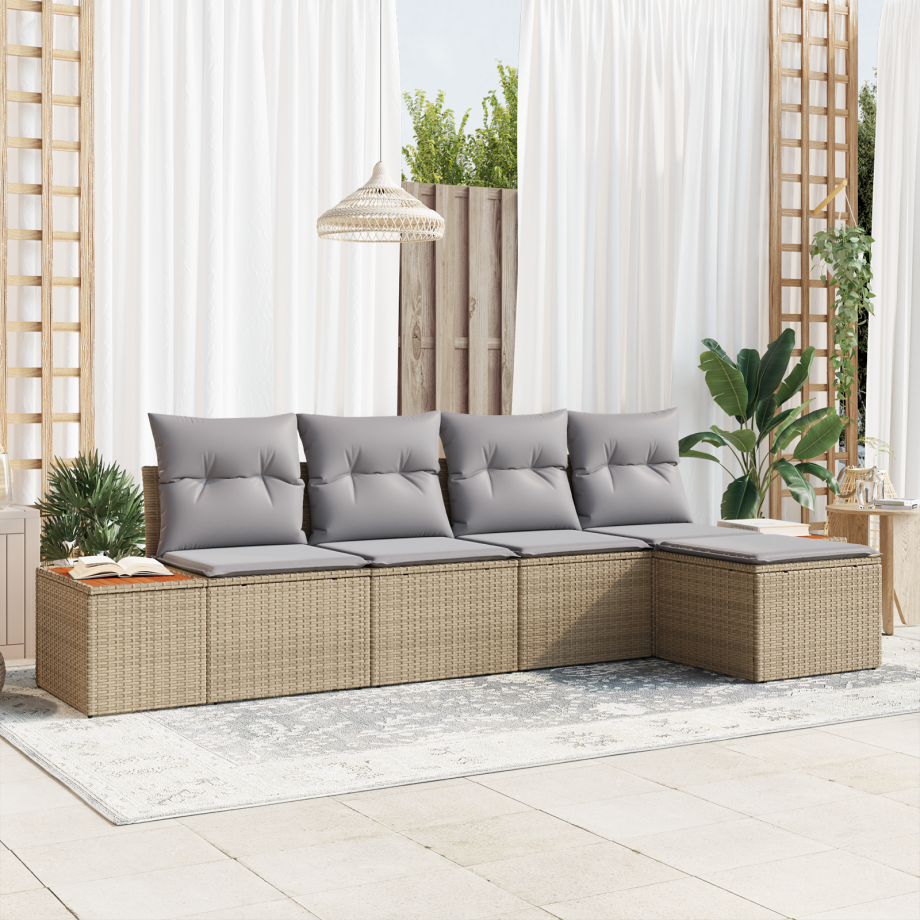 vidaXL 5-delige ligbedset met kussens - Beige Poly Rattan en Acacia afbeelding 1