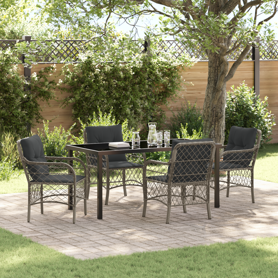 vidaXL 5-delige tuin eethoek met kussens in het grijs poly rattan afbeelding 1