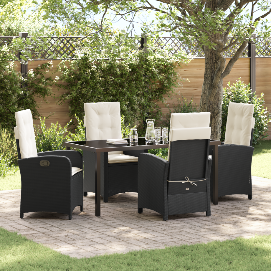 vidaXL 5-delige Tuin Eetset met Kussens Zwart Poly Rattan afbeelding 1