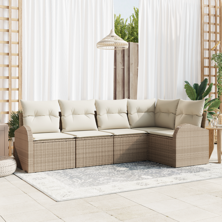 vidaXL 5-delige Tuinbank Set met Kussens - Beige Poly Rattan afbeelding 1