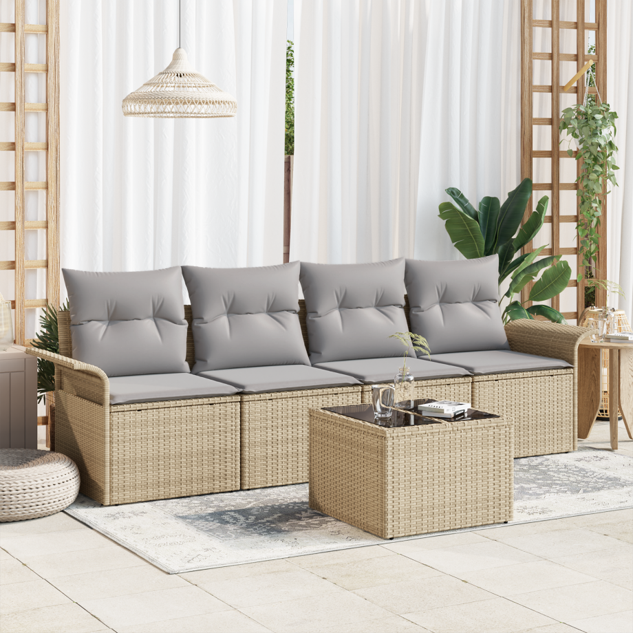 vidaXL Bankstel met kussen 5 pcs Beige poly rattan afbeelding 1