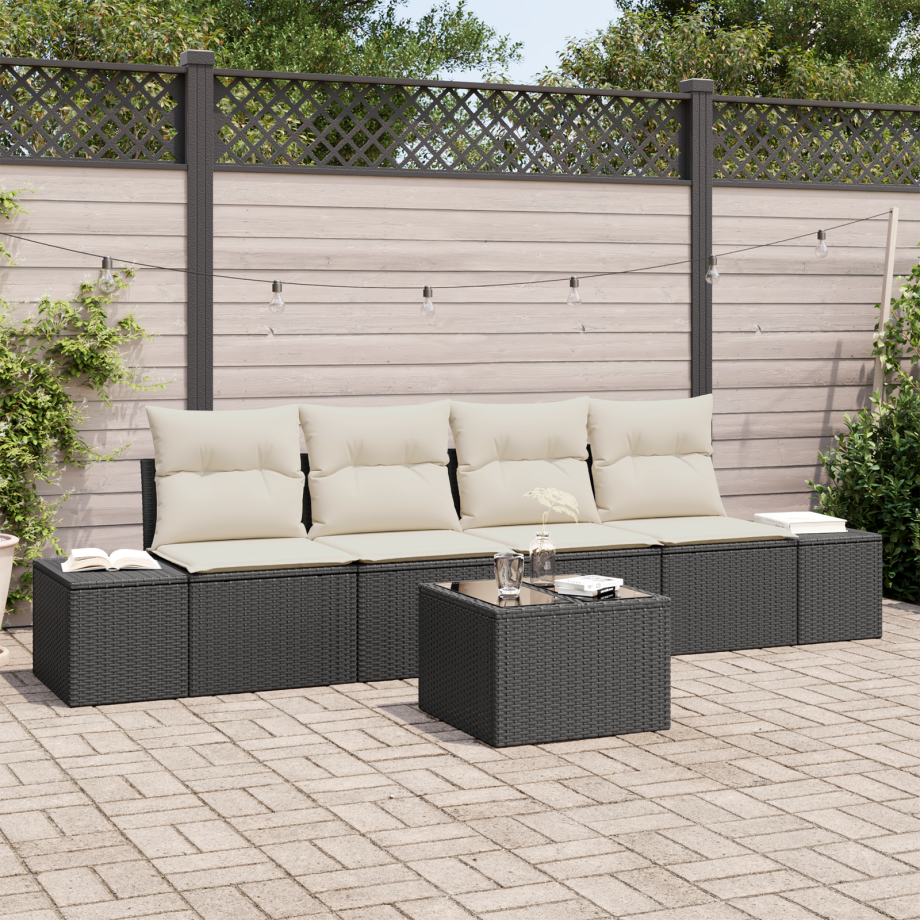 vidaXL Bankstel met kussen met kussen 5 pcs Zwart en Crème poly rattan vidaXL Bankstel met kussen met kussen 5 pcs Zwart en Crème poly rattan afbeelding 1