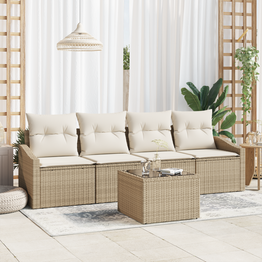 vidaXL Bankstel met kussen met opslag 5 pcs Beige en Crème poly rattan afbeelding 1
