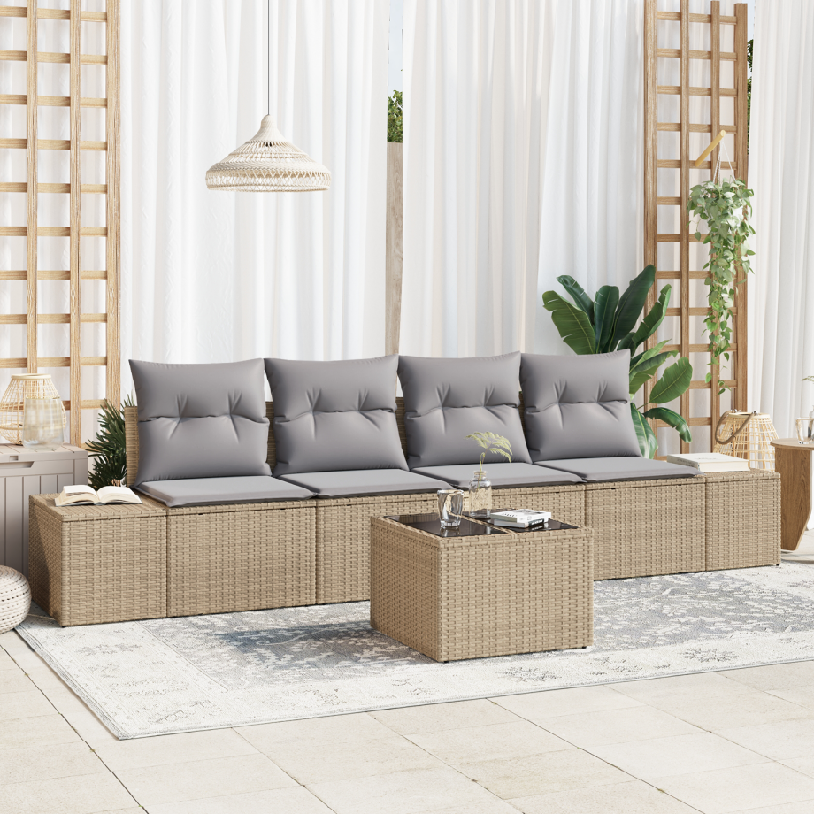 vidaXL Bankstel met kussen 5 pcs Beige en Licht Grijs poly rattan afbeelding 1