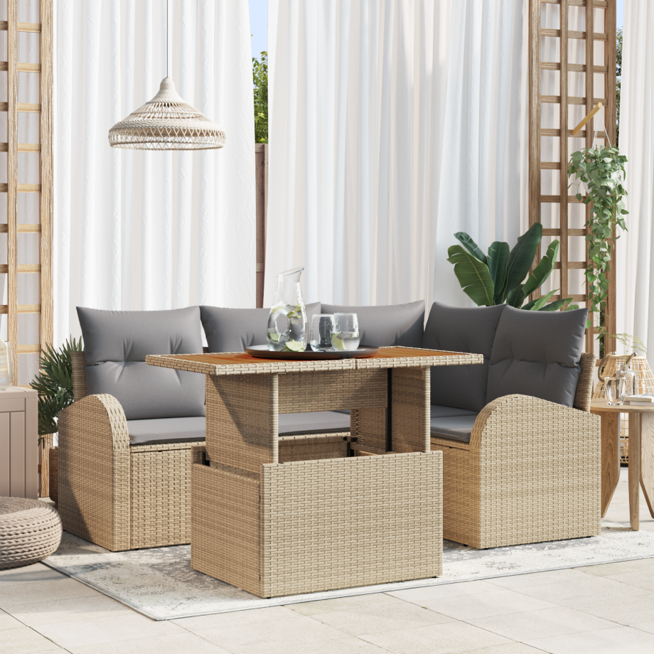 vidaXL 5-delige tuinset met kussens in beige poly rattan afbeelding 1