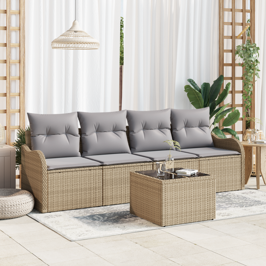 vidaXL Tuin Sofa Set 5 pcs Beige en Grijs Poly rattan, staal en glas vidaXL Tuin Sofa Set 5 pcs Beige en Grijs Poly rattan, staal en glas afbeelding 1