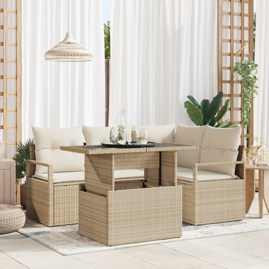 vidaXL 5-delige tuinset met kussens in beige poly rattan afbeelding 1