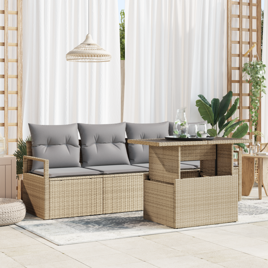 vidaXL 5-delige tuinset met kussens in beige poly riet afbeelding 1