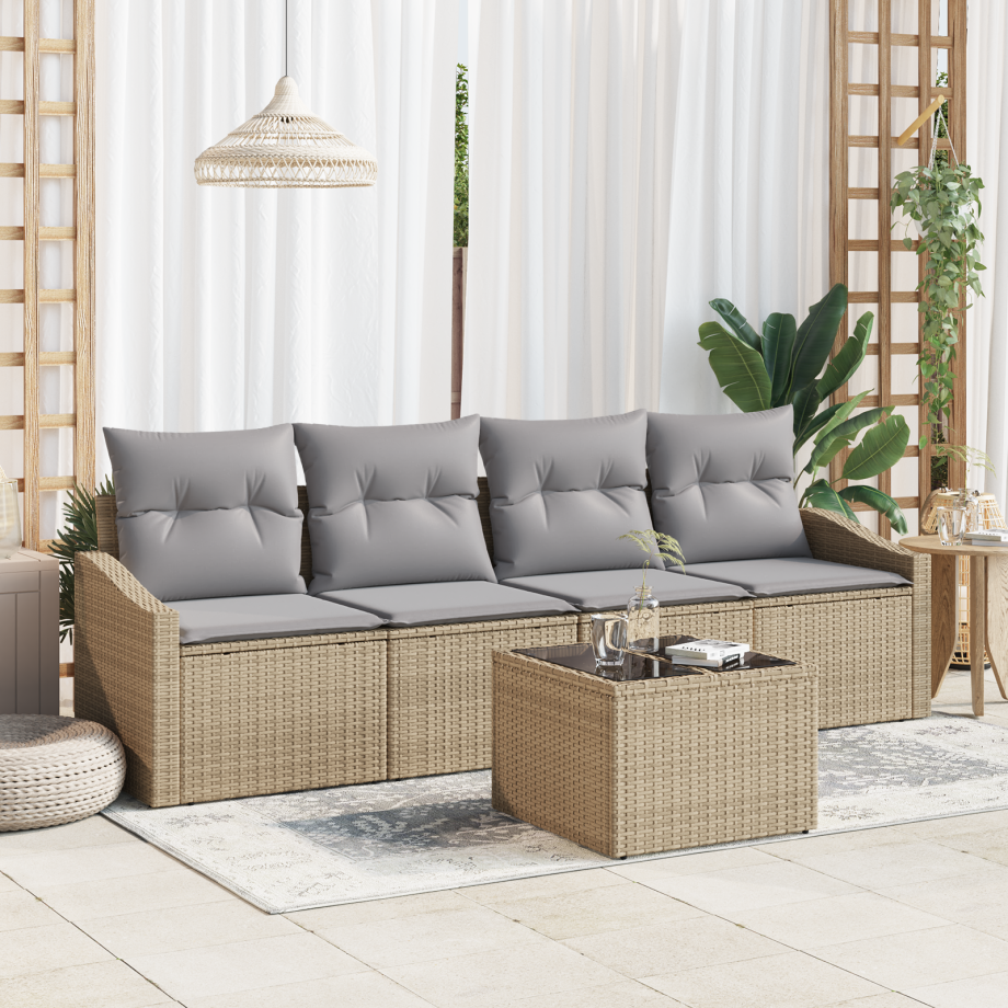 vidaXL Bankstel met kussen 5 pcs Beige en Licht Grijs poly rattan afbeelding 1