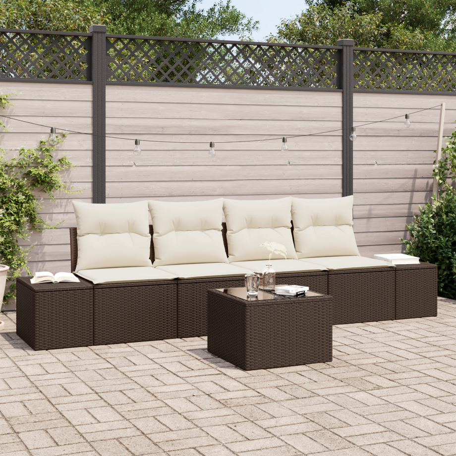 vidaXL Bankstel met kussen met kussen 5 pcs Bruin en Crème poly rattan vidaXL Bankstel met kussen met kussen 5 pcs Bruin en Crème poly rattan afbeelding 1