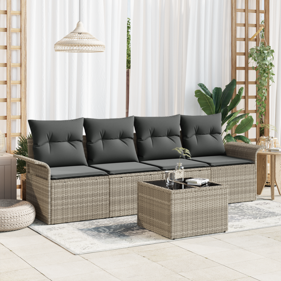 vidaXL Bankstel met kussen 5 pcs Lichtgrijs poly rattan afbeelding 1