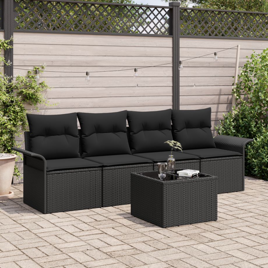vidaXL Bankstel met kussen 5 pcs Zwart poly rattan afbeelding 1