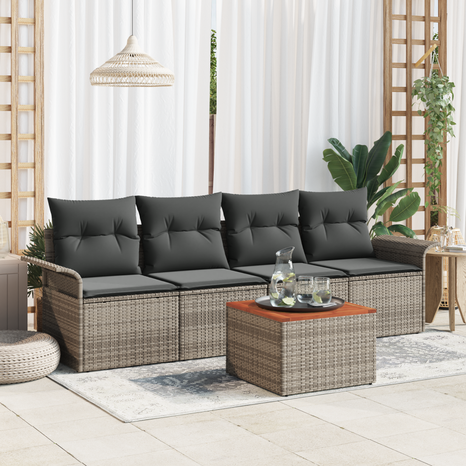 vidaXL 5-delige tuinsofa-set met kussens - Grijs - Poly Rattan - Acacia vidaXL 5-delige tuinsofa-set met kussens - Grijs - Poly Rattan - Acacia afbeelding 1