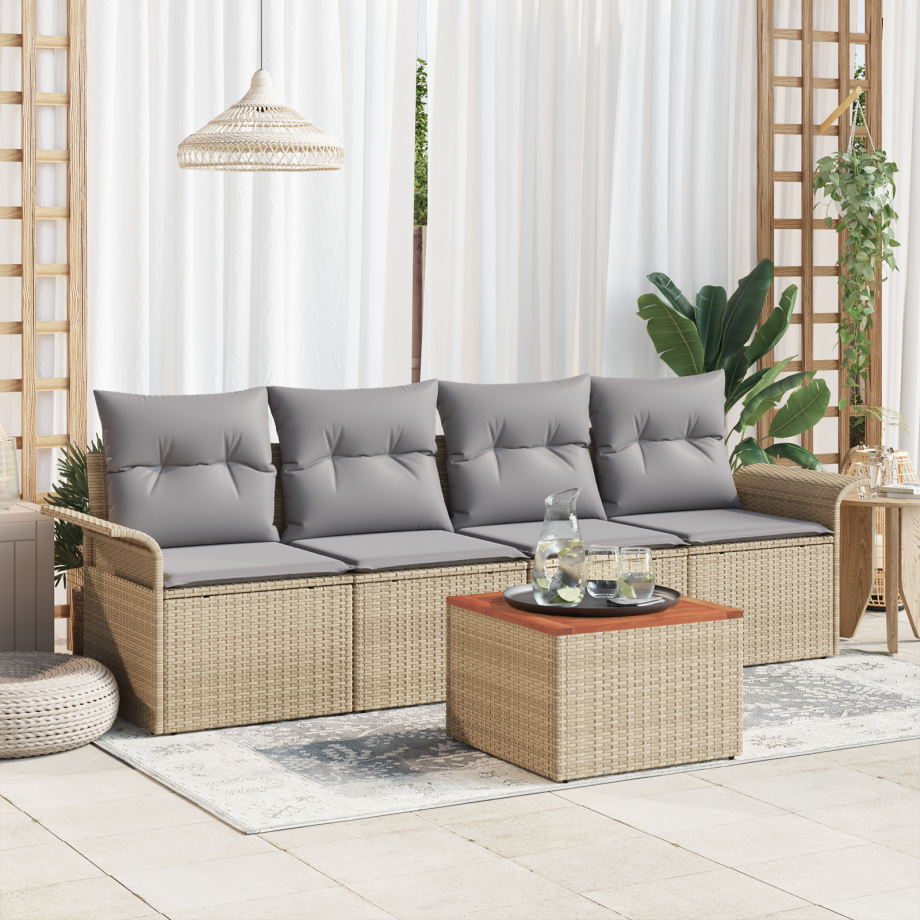 vidaXL 5-delige tuinsofa set met kussens in beige, poly rattan en acacia vidaXL 5-delige tuinsofa set met kussens in beige, poly rattan en acacia afbeelding 1