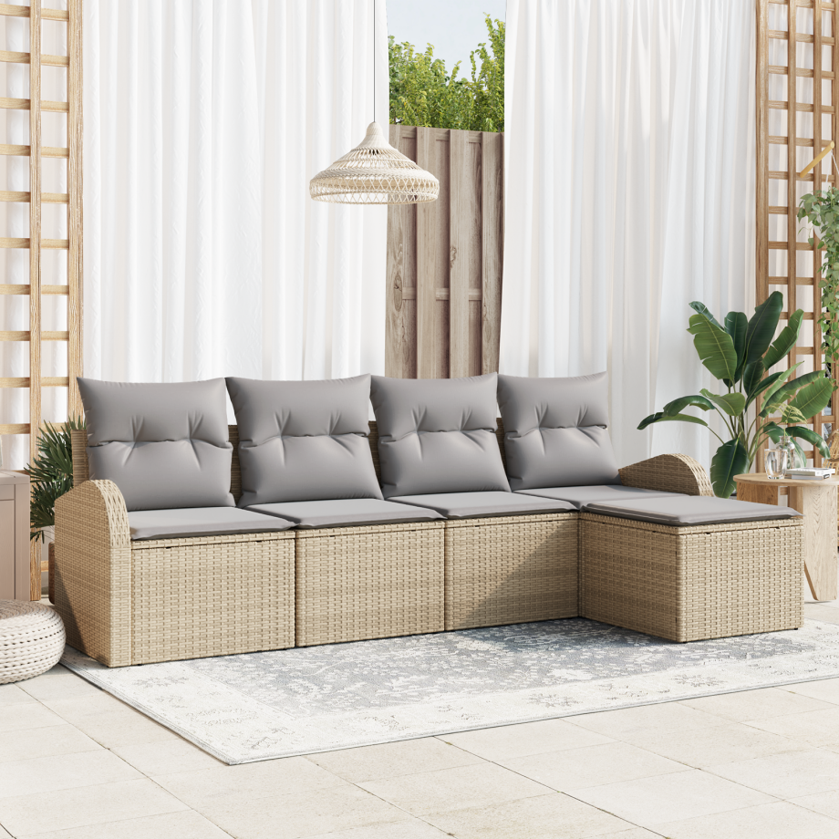 vidaXL Bankstel met kussen 5 pcs Beige en Licht Grijs poly rattan afbeelding 1