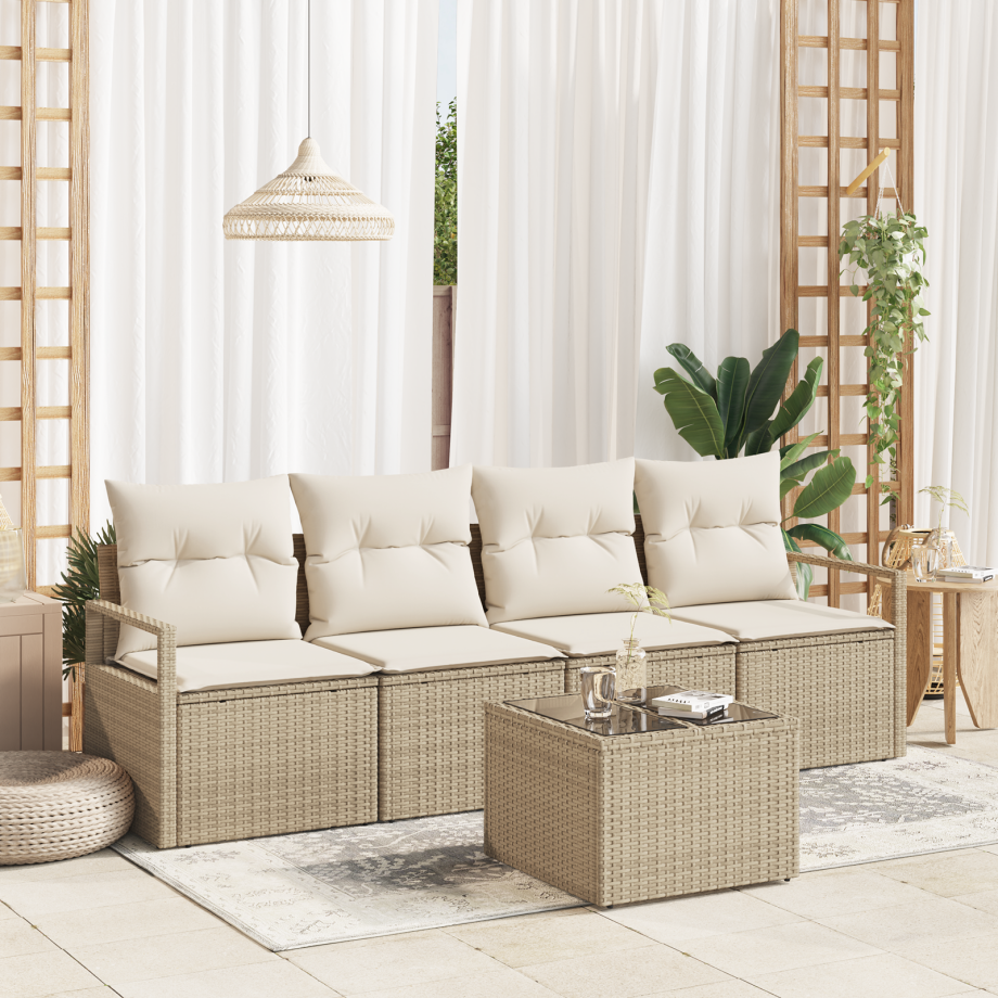 vidaXL 5-delige tuinsofa set met kussens in Beige van poly rattan vidaXL 5-delige tuinsofa set met kussens in Beige van poly rattan afbeelding 1