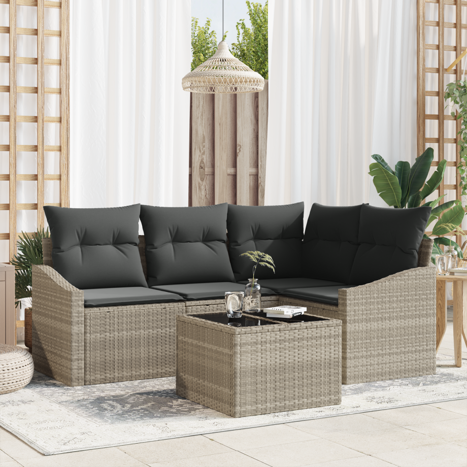 vidaXL Bankstel met kussen 5 pcs Lichtgrijs poly rattan afbeelding 1