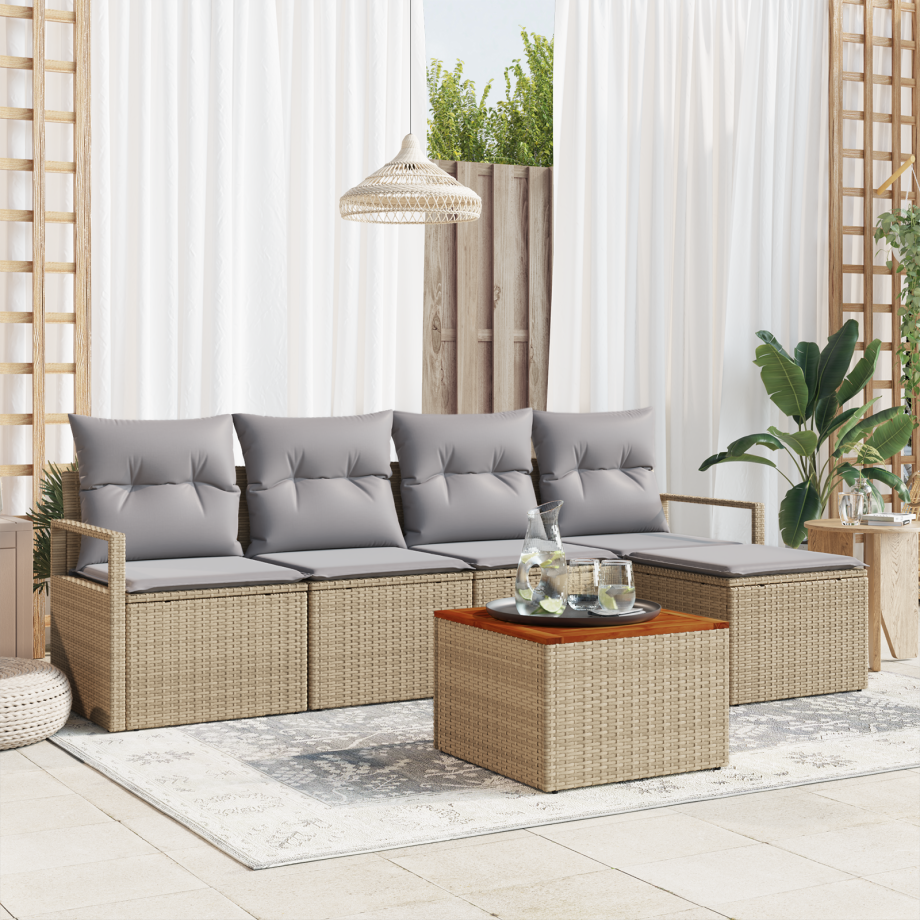 vidaXL 6-delige ligbed set met kussens Beige Poly Rattan Acacia afbeelding 1