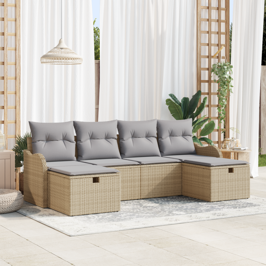 vidaXL 6-delige Ligbed Set met Kussens Beige Poly Rattan afbeelding 1