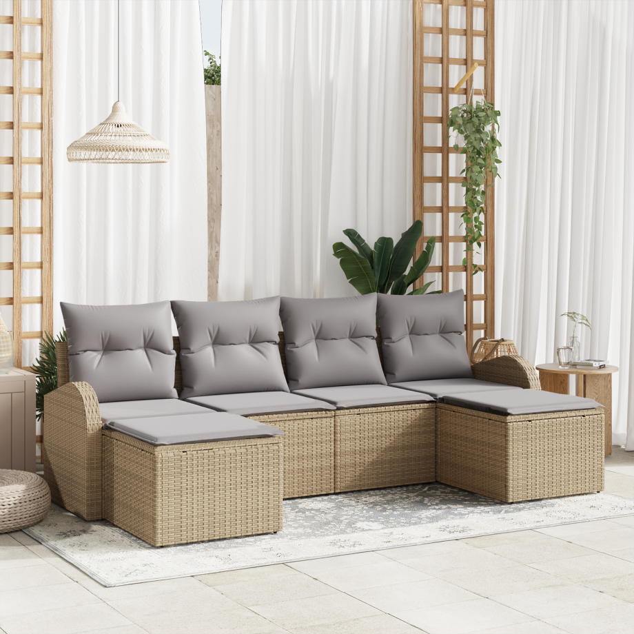 vidaXL 6-delige ligbed set met kussens beige poly rattan afbeelding 1