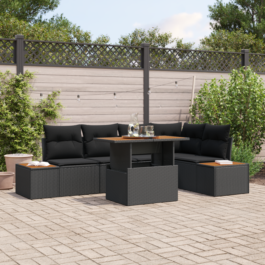 vidaXL 6-delige ligbed set met kussens zwart poly rattan afbeelding 1