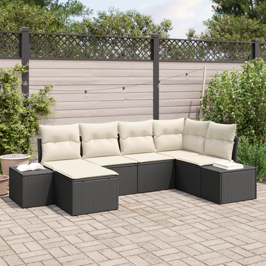 vidaXL 6-delige ligbedset met kussens zwart poly rattan afbeelding 1