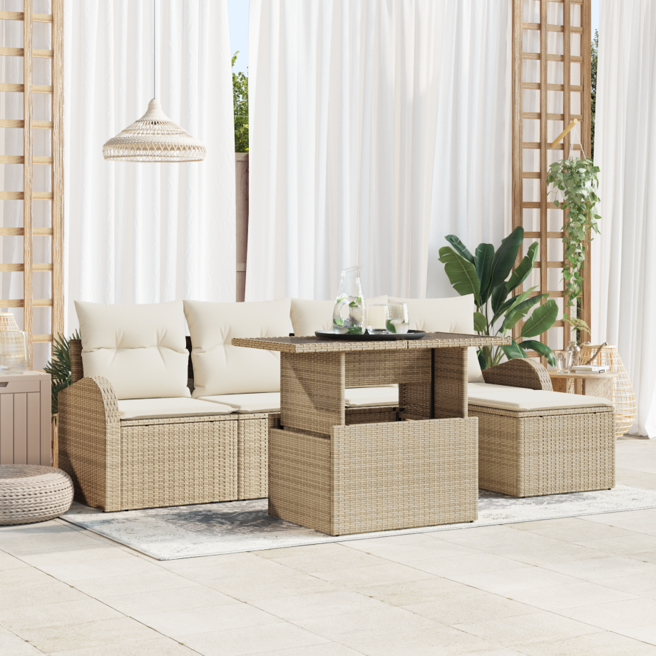 vidaXL 6-delige Tuin Sofa Set met Kussens Beige Poly Riet vidaXL 6-delige Tuin Sofa Set met Kussens Beige Poly Riet afbeelding 1