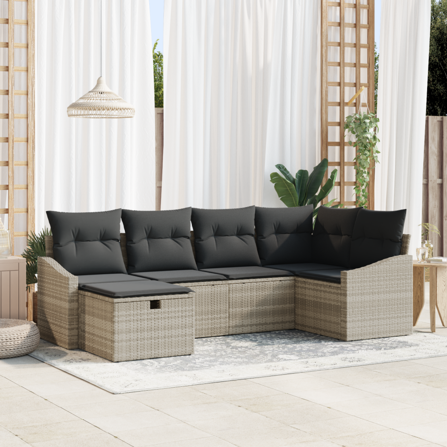 vidaXL Bankstel met kussen 6 pcs Licht Grijs en Grijs poly rattan afbeelding 1