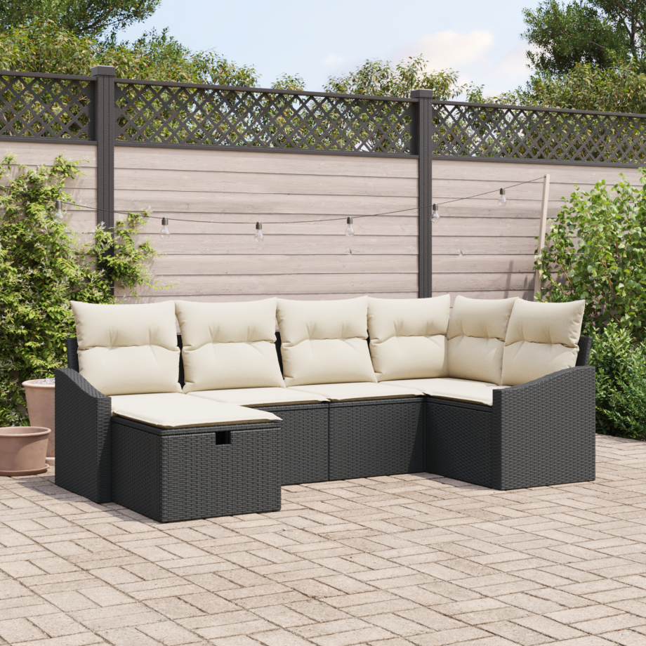 vidaXL Bankstel met kussen met opslag 6 pcs Zwart en Crème poly rattan afbeelding 1