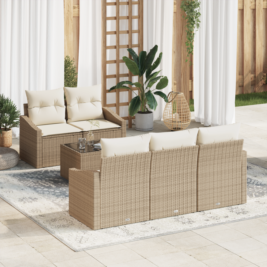 vidaXL Bankstel met kussen met opslag 6 pcs Beige en Crème poly rattan afbeelding 1