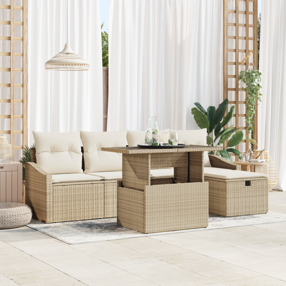 vidaXL 6-delige tuinbankset met kussens in beige poly rattan vidaXL 6-delige tuinbankset met kussens in beige poly rattan afbeelding 1