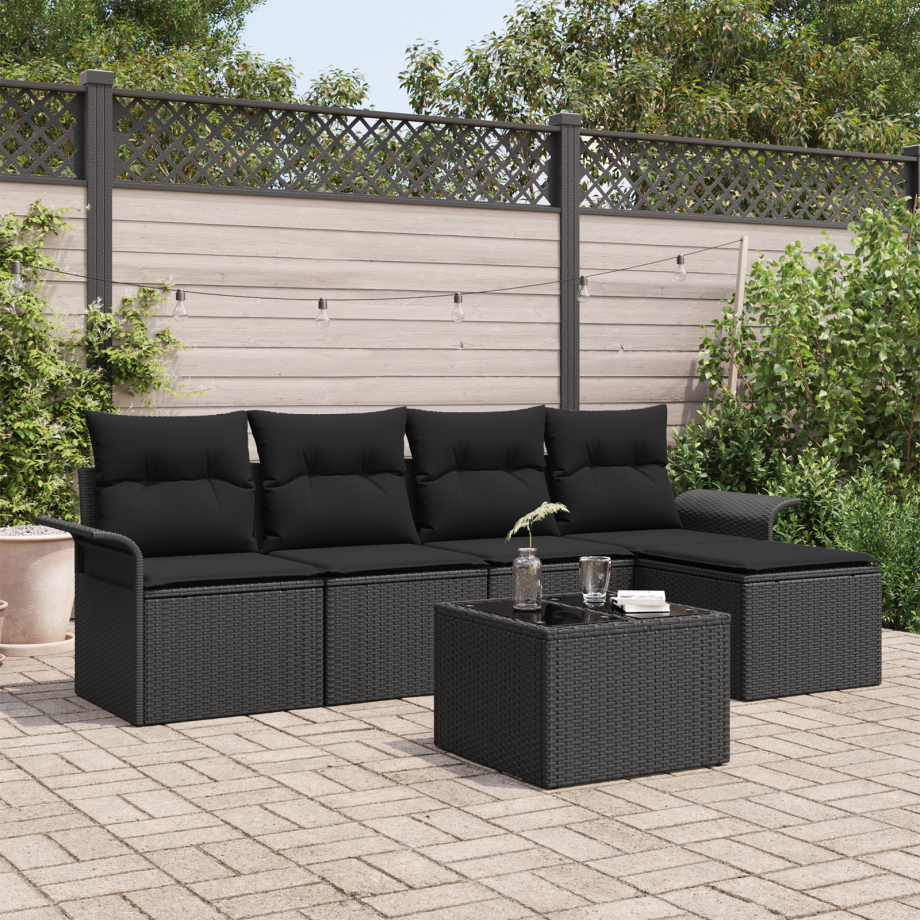 vidaXL Buitensofa met kussen 6 pcs Zwart poly rattan afbeelding 1