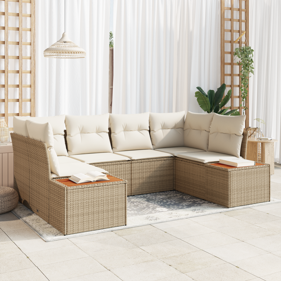vidaXL 6-delige tuinset met kussens - Beige Poly Rattan Acacia vidaXL 6-delige tuinset met kussens - Beige Poly Rattan Acacia afbeelding 1