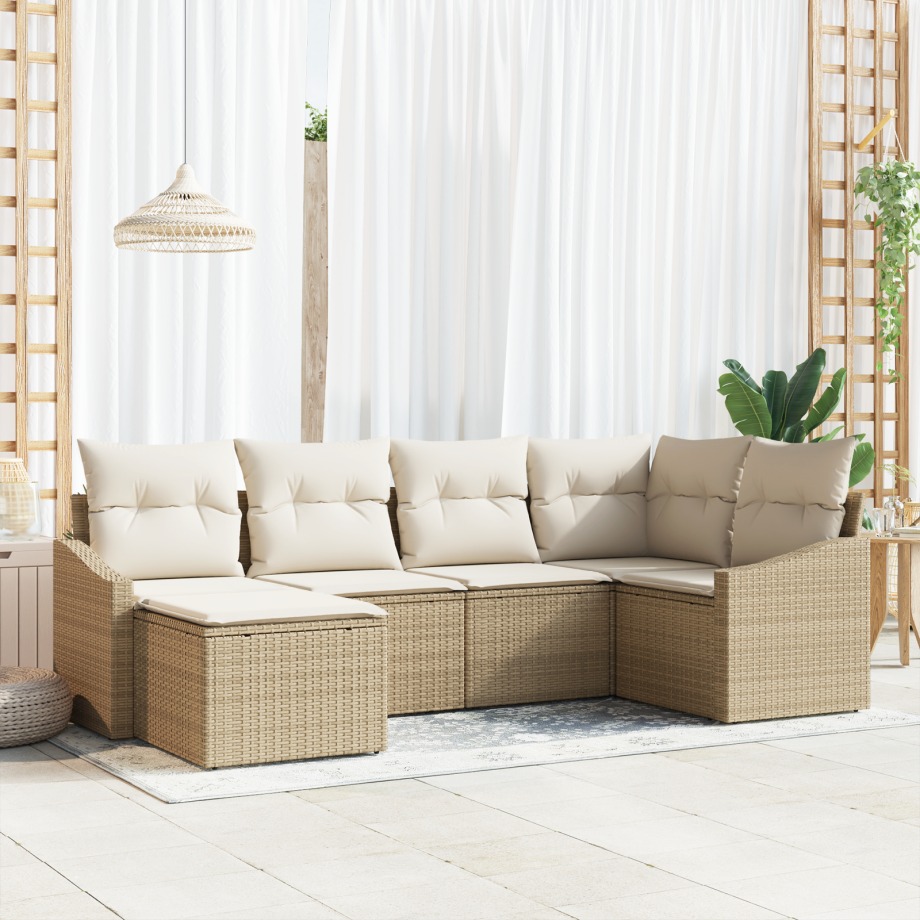 vidaXL 6-delige tuinset met kussens - Beige Poly Rattan vidaXL 6-delige tuinset met kussens - Beige Poly Rattan afbeelding 1