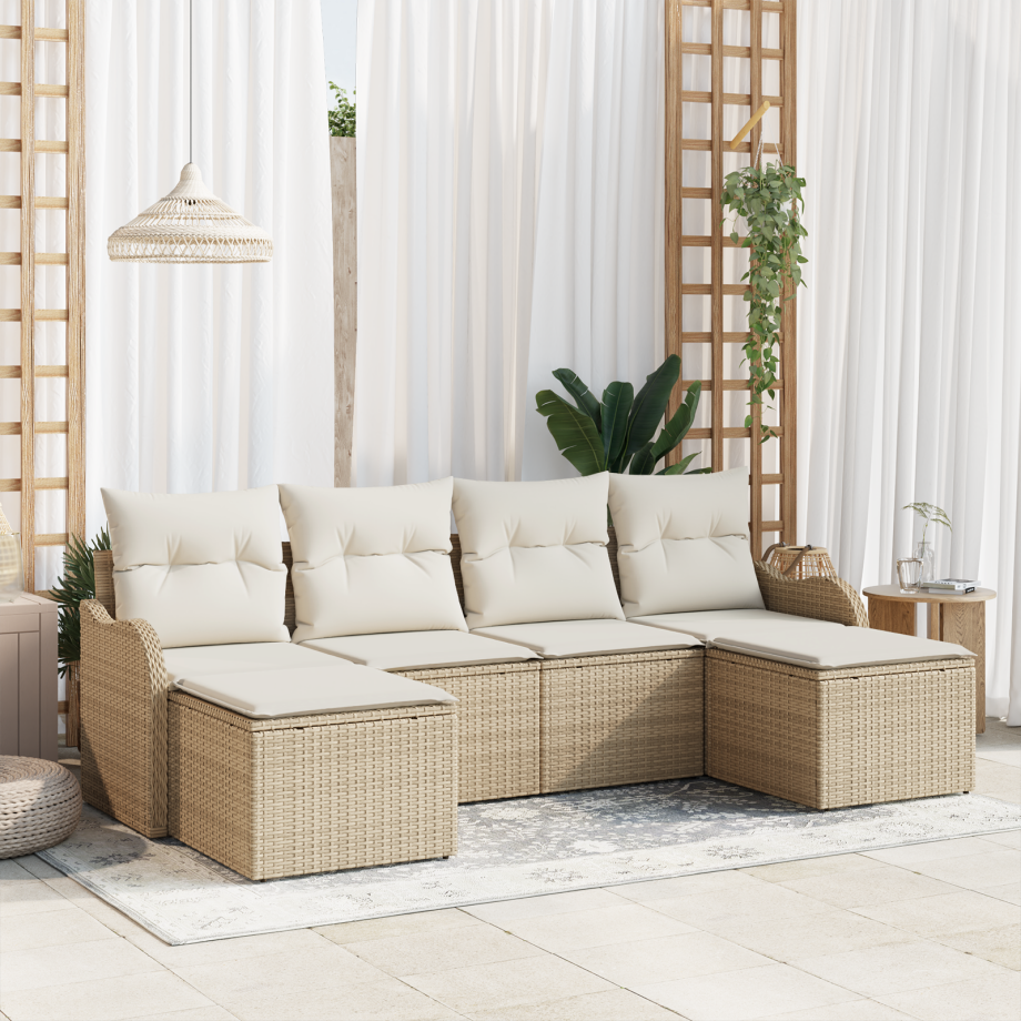 vidaXL 6-delige tuinset met kussens - Beige Poly Riet vidaXL 6-delige tuinset met kussens - Beige Poly Riet afbeelding 1