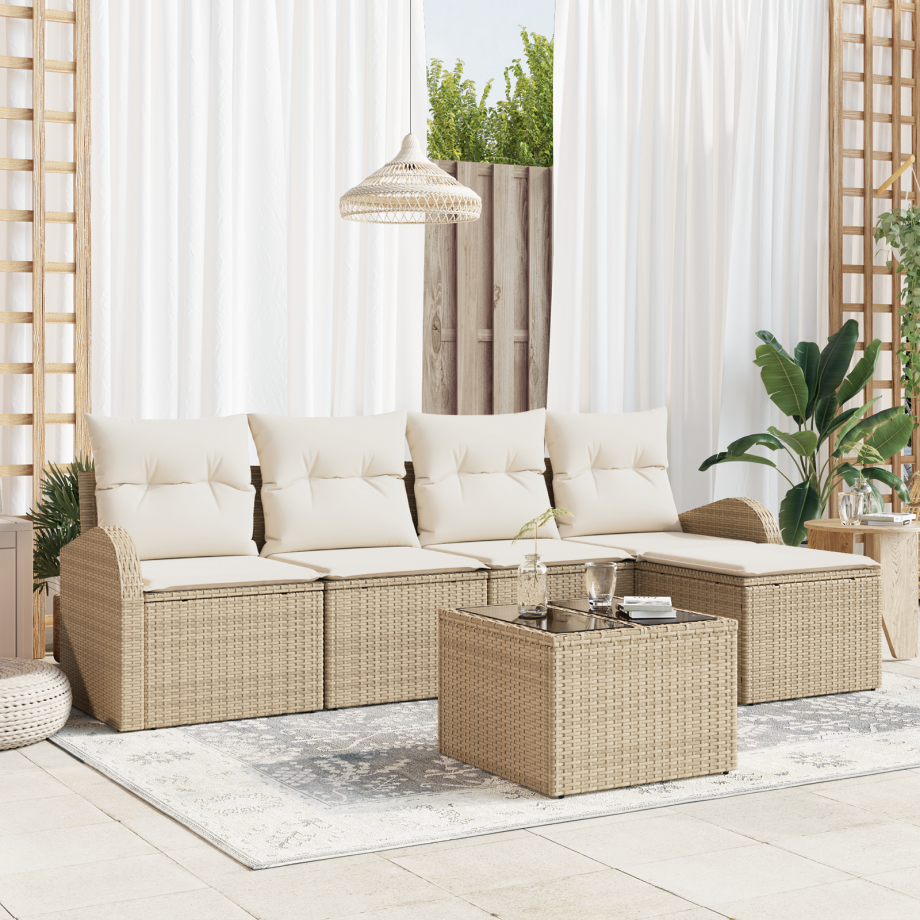 vidaXL Bankstel met kussen met opslag 6 pcs Beige en Wit poly rattan afbeelding 1